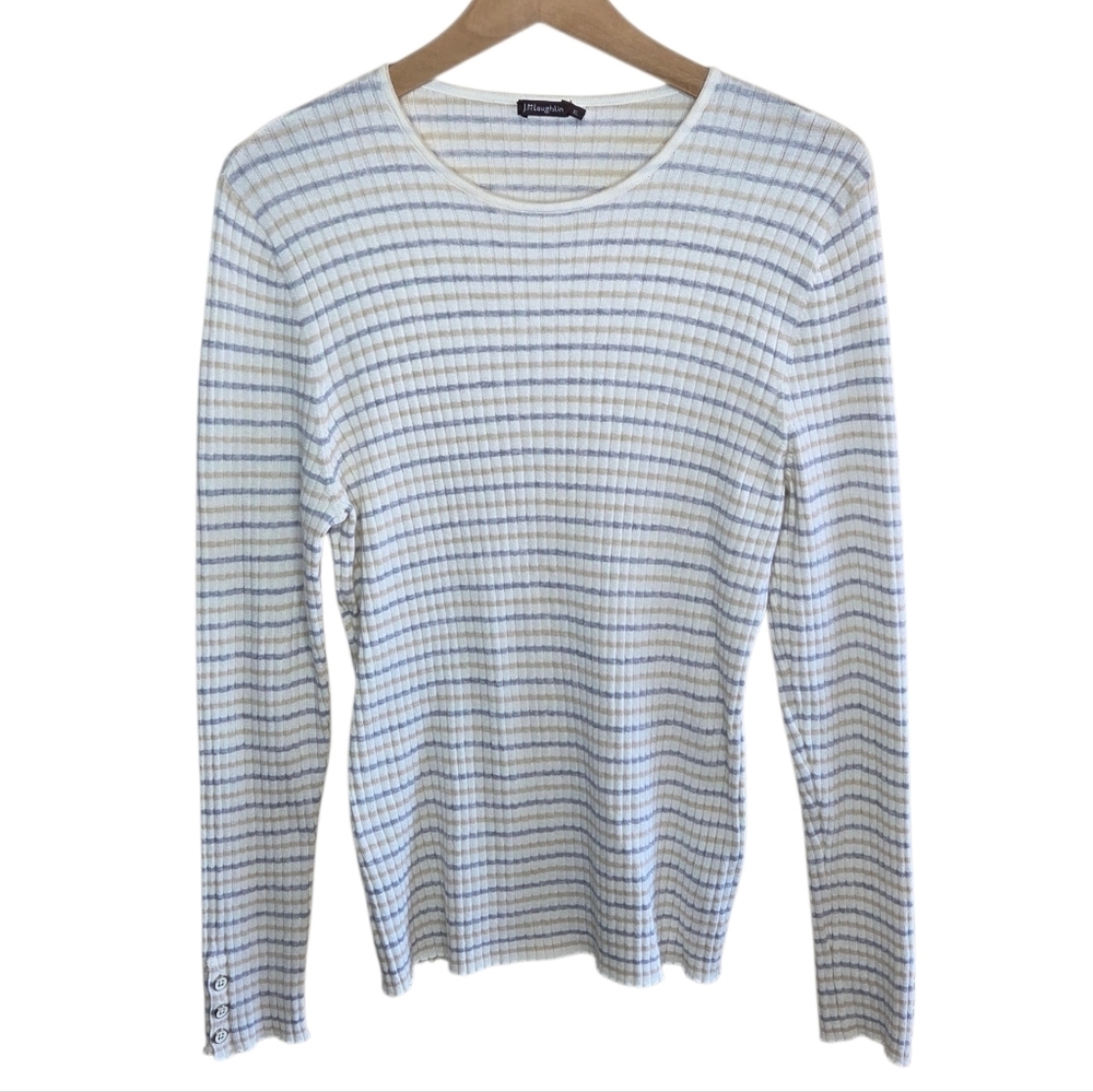 J. McLaughlin Annette Gray Tan Striped Ribbed Stretchy Long Sleeve Top Size XL